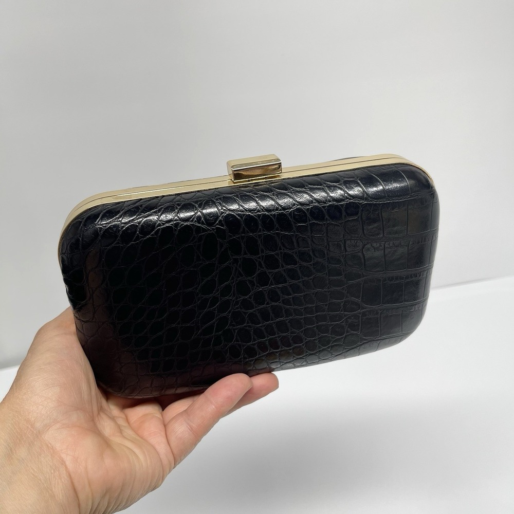 Black Croc Embossed Hard Structured Case Clutch Wallet Evening Bag No Strap